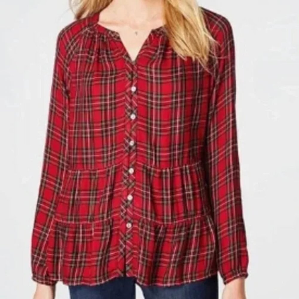 J. Jill Red Plaid V-neck Prairie Button Front Blouse Tiered Ruffle Hem Size M P